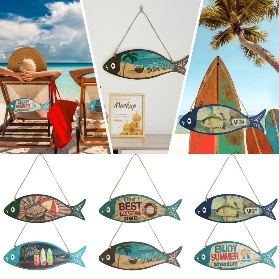 Summer Wooden Fish Welcome Sign Nautical Wall Art Decor Hanging Vintage Fish  Ornament Sign Decor Sign Home Bathroom Office Beach Hawaii Themed Decoration  Swinging Animals for Car