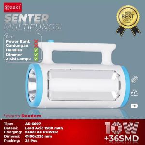 AOKI AK-6697 Lampu Emergency LED Rechargeable Tahan Air Power Bank Dimmer Warna Light Blue