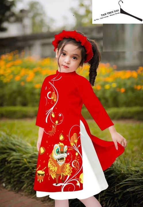 Áo dài tết cách tân màu đỏ họa tiết cho bé gái, bé trai econice ad023. size váy  trẻ em 3, 4, 5, 6, 7, 8, 9, 11, 12 tuổi