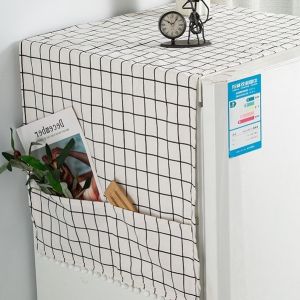 Khăn phủ máy giặt lồng ngang Mary Decor vải bố linen chạy pompom trắng cực yêu kích thước 55 x 130 cm