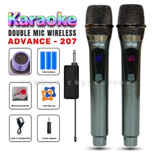 Mic Wireless Profesional Bisa DiCas USB ADVANCE 207 (Isi 2) Double Microphone Wireless Berkualitas - Mic Double Wireless / Mikrofon Genggam / Mic Karaoke / 2 Mic Tanpa Kabel | TC