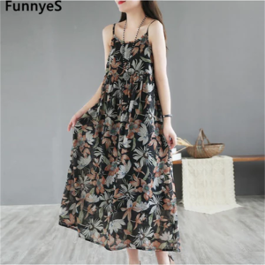 Korean Version Loose Printed Dress Long Slip Dress Women Temperament Elegant Floral Dress L4009