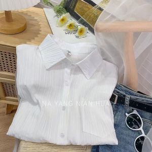 SFB2933⭐️พร้อมส่ง⭐️เสื้อเชิ้ตอัดพลีทผ้าคอตตอนลินินคอปกแขนยาวผู้หญิง เสื้อแฟชั่นเกาหลีสีทึบเรียบง่ายลำลอง oversize ทรงหลวม ใส่สบาย