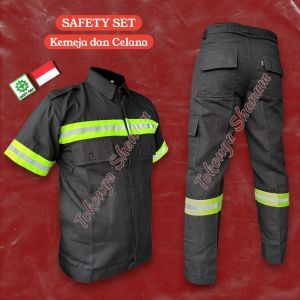 SETELAN Baju Wearpack Kemeja Safety K3 Proyek Tambang Lengan Pendek - Pakaian Seragam Werpak Kerja Atasan Scotlite Lapangan Warna Hijau