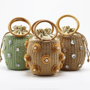 2026 New Handmade Rhinestone Crystal Embellished Straw Bag Straw Bucket Bags Lady Travel Purses Handbags sac en paille femme2026