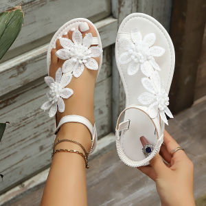 [Free Shipping] 2026 New Fashionable WomenS Flat Sandals With Floral Embroidery Comfortable Beach Shoes With Single Strap Plus Size WomenS Shoes