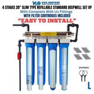 Water Filtration System Top Selling 4 Stages 20" Slim Type Refillable Deepwell Standard Plus 6 GPM UV Light Set Up Complete Set with Gray UPVC Fittings with 2 Sediment Filters and 1 Carbon Block 1 Refillable Water Softener Different Variation