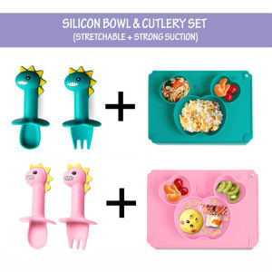 Set of 3 Baby Kid Silicon Strong Suction Tableware Silicone Plate Cutlery Set Food Serving Baby Training Feeding Gift