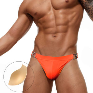 313Mens Half Pack Hip Metal Buckle Side Open Solid Color High Fork Swimming Trunks With Push Pad GG389