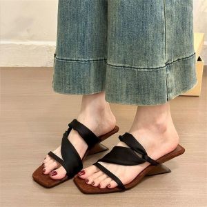 [Free Shipping] Womens square-toed wedge sandals 2026 summer new model comfortable for the feet unique design versatile and stylish high-heeled slippers