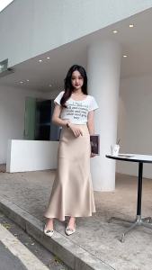 9836 Pleated Slim Fit A-Line Long Women Spring Draped Satin Mermaid Skirt