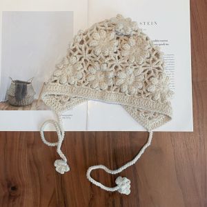 WININ Handmade Kids Knitted Hat Hollow Flower Crochet Beret Cap Breathable Thin Princess Cap for Child Girls