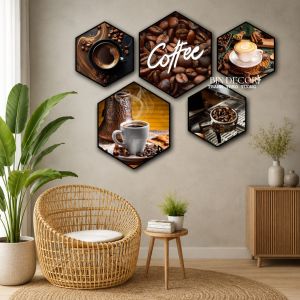Tranh treo tường cà phê 8 hình lục giác trang trí decor quán kèm đinh
