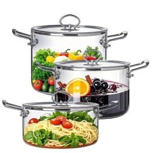 INVADER 2.5/3.5/4.5L Glass Saucepan Stainless Steel Heat Resistant Glass Soup Pot Thickened Dual Handles Salad Cereal Bowl Kitchen Cooking Tools