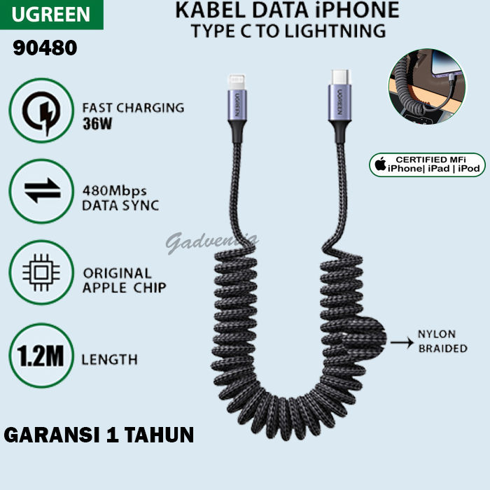 UGREEN Cable Charger Spring Type C To Lightning Kabel Data PD Fast