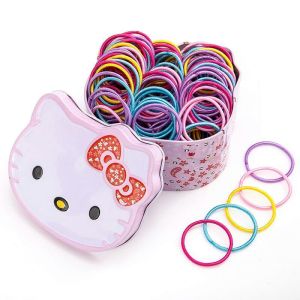 XIAMI Ikat Rambut Anak Isi 100pcs dengan Kaleng Aksesoris Karet Rambut Anak