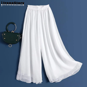 IRENASTORY Chiffon Pants Women Wide Leg Pants Loose Version Stretching High Waist Trousers