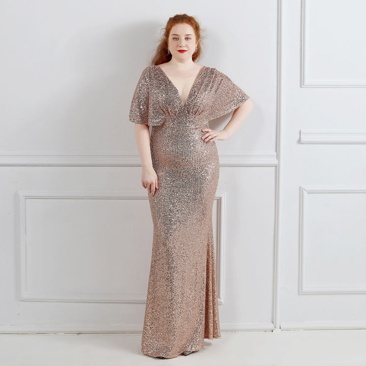 HOT Sequin Gown Rose Gold Evening Gown Plus Size Long