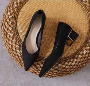 Korean 2 inches Fashion Black Shoes with Heels Pointed Toe Thick heel Office Shoes for Women Block Heels