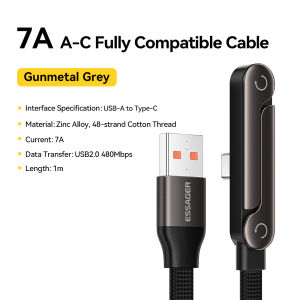 Essager 7A Elbow Stand Holder USB-A to Type-C Cable Fast Charging USB A-C L-shape Cable 7A Type C Data Wire Cord A-C Cable For iPhone 17 16 15 Huawei Xiaomi Samsung Elbowed Type C Fast Charge Cable