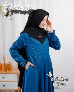 Gamis hermosa wolfis embos motif zamzam biru tosca-gamis tosca syari premium mewah-gamis idul fitri