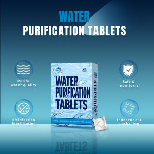 Airpurgy Effective Water Purification Tablets 25 Tablets - Fast-Acting for Camping Travel and Emergency Preparedness - Treats Questionable Tap Lake River Water