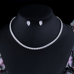Sequito sang trọng cô dâu Bộ trang sức mạ vàng trắng đầy đủ thiết lập Pave Waterdrop cắt aaaaa Zircon lập phương tuyệt đẹp Dây chuyền đám cưới khuyên tai dạng Hạt Vòng Cổ sj392