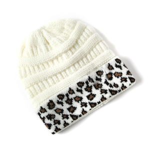 FLEURS Elastic Leopard Beanie Thickened Patchwork Knitted Hat Patchwork Beanie Thermal Fleece Lined Cap Travel