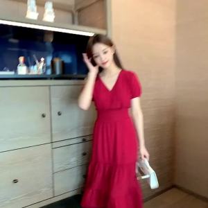 New Arrival V Womens Short-Sleeved Collar Dress Summer 2023 New Elegant Socialite French Style R below the Knee Platycodon Grandiflorum Waist-Tight Long Skirt High Quality Fashionable