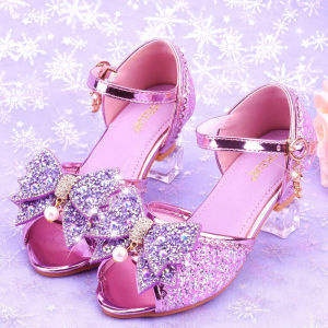 New Children High Heels Shoes For Girls Princess Sandals Kids Wedding Dress Shoes Bowtie Purple Pink Blue Silver Shoes For Girls
