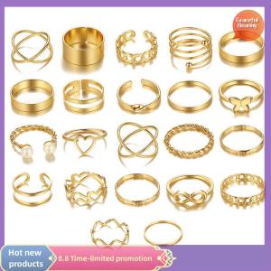 Graceful ชุดแหวนผีเสื้อหัวใจกลวงแนววินเทจ22ชิ้นสำหรับผู้หญิงเครื่องประดับโลหะสีเงินรูปทรงเกลียวเรขาคณิต