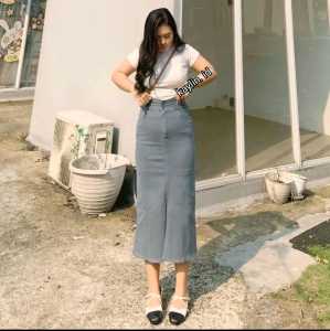 KAYLIN.ID Forking Denim Skirt Women Summer High Waisted Thin Mid-Length A-Line Straigh Hip