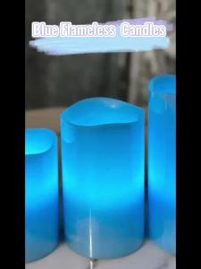 Adoria Blue LED Candles Set of 3- Real Wax Pillar Candles Battery Operated with Remote and Timer - Dia 3 inch by Tall 45 6 InchOcean Scentfor Home Decor. WeddingCampingBeach
