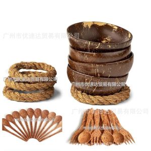 OXO Coconut Shell Vietnam Natural Coconut Wooden Handle Spoon Fork  Set Spoon Wooden Spoon Unpainted Bowl Wholesale