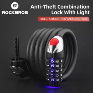 ROCKBROS Bike Cable Lock Thickened Steel MTB Road Bike Anti-theft Password Lock LED Night Vision Folding Bike Safty Lock Rubber Wrapped Cable Lock
