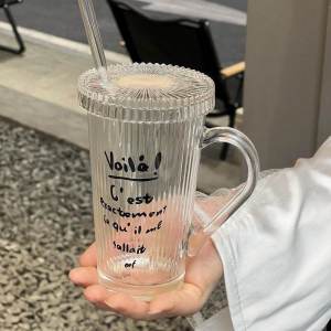 FCSimple Glass With Lid Anti-scald Bandle Water Cup With Straw Juice Milk Mug