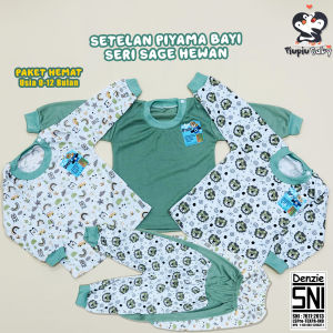 Top 1 DENZIE - 3 Setelan Piyama Bayi Seri Sage Motif Hewan Polos Panjang Kancing Bahu Usia 0-12Bulan