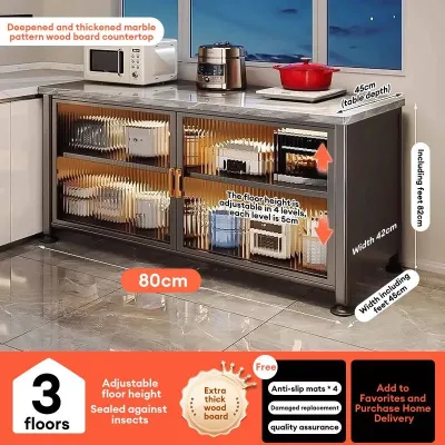 YOYO Carbon Steel Kitchen Sideboard with Wood Grain Marble-Look Top | PCB Doors & Drawers Kitchen Workstation | Multi-functional Storage Organizer