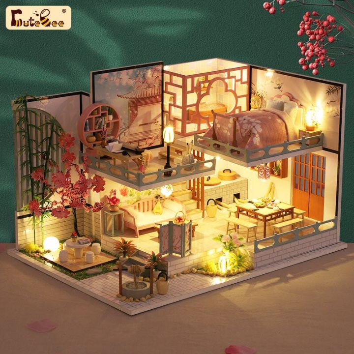 Qfdian DIY Doll House Wooden Doll Houses Miniature Dollhouse Furniture Kit with LED Toys for Children Christmas Birthday Gift