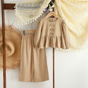 Bear Leader Autumn New Childrens Clothing Khaki Casual Girls Clothes Korean Version Striped Printed Bow Decoration Long Sleeved Top+Pants
