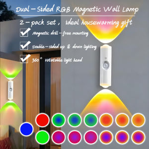 2pc 360° Rotatable RGB Magnetic Wall Sconce Motion Sensor Up‑Down Spotlight Drill‑Free Rechargeable Bedroom Hallway Decor Gift