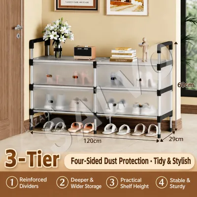 SALVO Rak Sepatu 4/5/6 Susun Dengan Penutup Penyimpanan Sepatu Stainless Steel Tahan Debu Dan Air