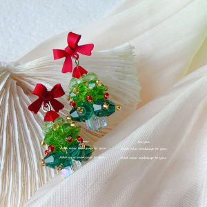 Christmas tree earrings with red bow and star green and red beads gold accents festive design