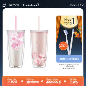 Ly nhựa 2 lớp hoa anh đào Lock&Lock Cherry Blossom HAP509 - 750ml - kèm ống hút - Màu trắng/hồng