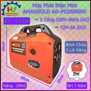 Máy Phát Điện Mini AMAXGOLD AG-PD2500INV. Công suất 2.2kW. 2 Cổng ra chuẩn 220V-50Hz. Bảo hành 12 tháng.