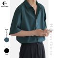 🔥Hatton Gutto Ready Stock🔥COD Men Casual Shirt Half Sleeve V Neck Buttons Up Loose Korean Men Style Fashion Shirts Plain Simple Basic Pure Color Shirt Men's Solid  Shirts Summer tops 衬衫男 上衣 男装 Men's Clothing. 