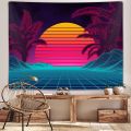 Retro Neon Vaporwave Tapestry for Men Bedroom, Cool Trippy Mountain Sun Art Tapestries Wall Hanging for College Dorm Living Room Office Decor 60X40", 70s 80s Party Arcane Future Poster Blanket. 