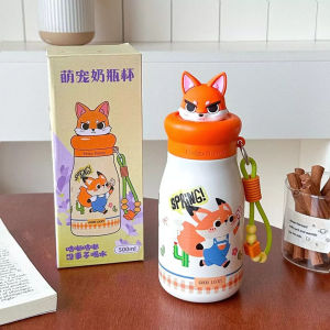 Bình Giữ Nhiệt Inox 500ml Nắp Thú Cưng Có Ống Hút Kèm Dây Xách Tay LILA BGNCAO15