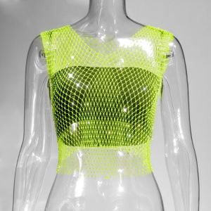 CHARMI V-neck Fishing Net Hollow Vest Zircon Mesh Crystal Beachwear Personality Elastic Rhinestone Camisole Lady