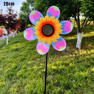 ALLLUCK Đa phong cách Phim đầy màu sắc hình hoa hướng dương và cối xay gió Đường kính 28/37cm PVC Hoa hướng dương xoay Hai lớp Cây hoa đứng trên sân vườn Trang trí tiệc ngoài trời